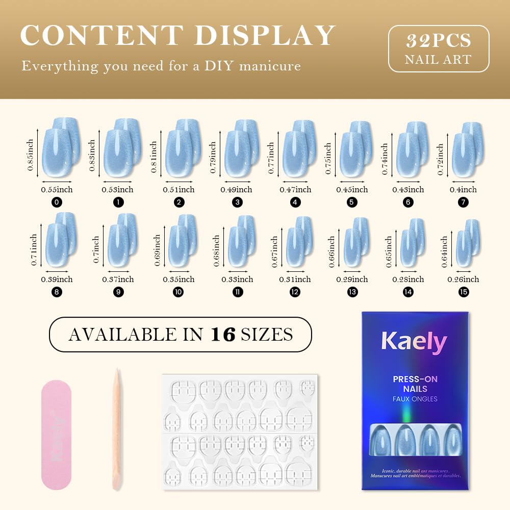 evpct Light Blue Cat Eye Coffin Press on Nails Medium Square No Glue, Medium Square Stick on Nail for Women, Light Blue Metallic Glitter Glossy Reusable Summer Soft Press on Acrylic Nail with Designs