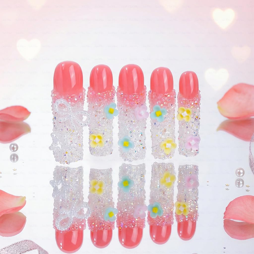 IntoVibes 3D Sugar Crystal Flower Press On Nails,Handmade Curved Down Groove Design, Pink Long Nails with Frosted Crystal Beads Cute Pastel Flowers, Reusable Fake Nails, Square Acrylic Nails(L)
