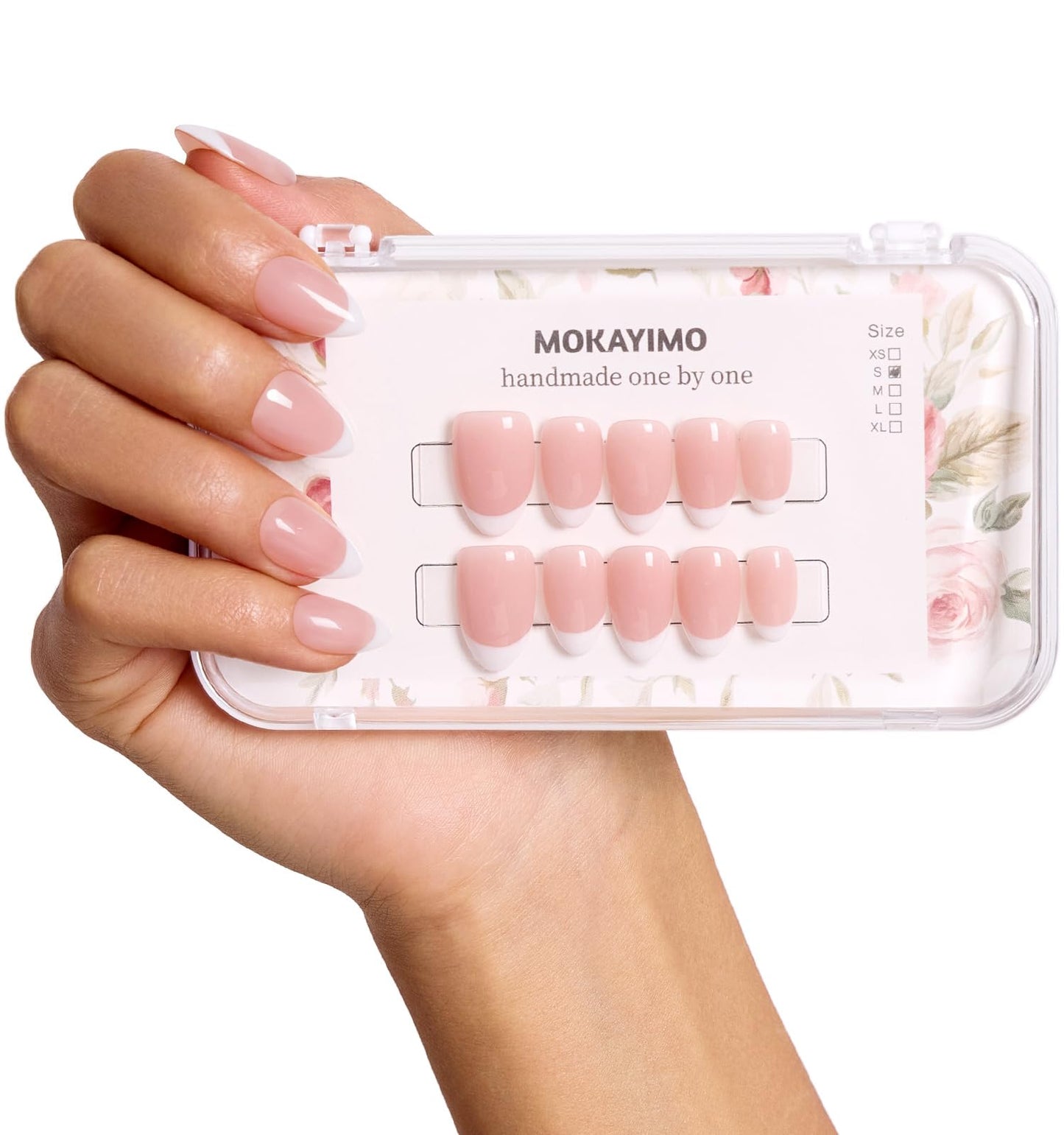 French Tip Press On Nails Short Almond,MOKAYIMO White French Nail Press Ons,10Pcs Handmade Custom-Sized Acrylic False Nails Kit,Natural Look,Salon Quality,Long Lasting,Size M
