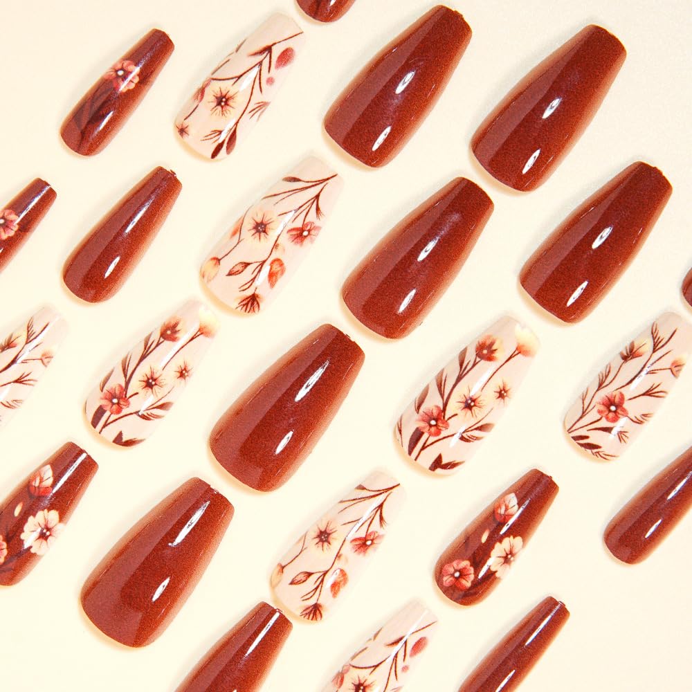 Fall Press on Nails Medium Length Fake Nails Brown Flower Gradient False Nail Full Cover Stick on Nail Fall Glue on Nails Reusable Artificial Coffin Shaped Nail for Women Manicure Kit 24Pcs