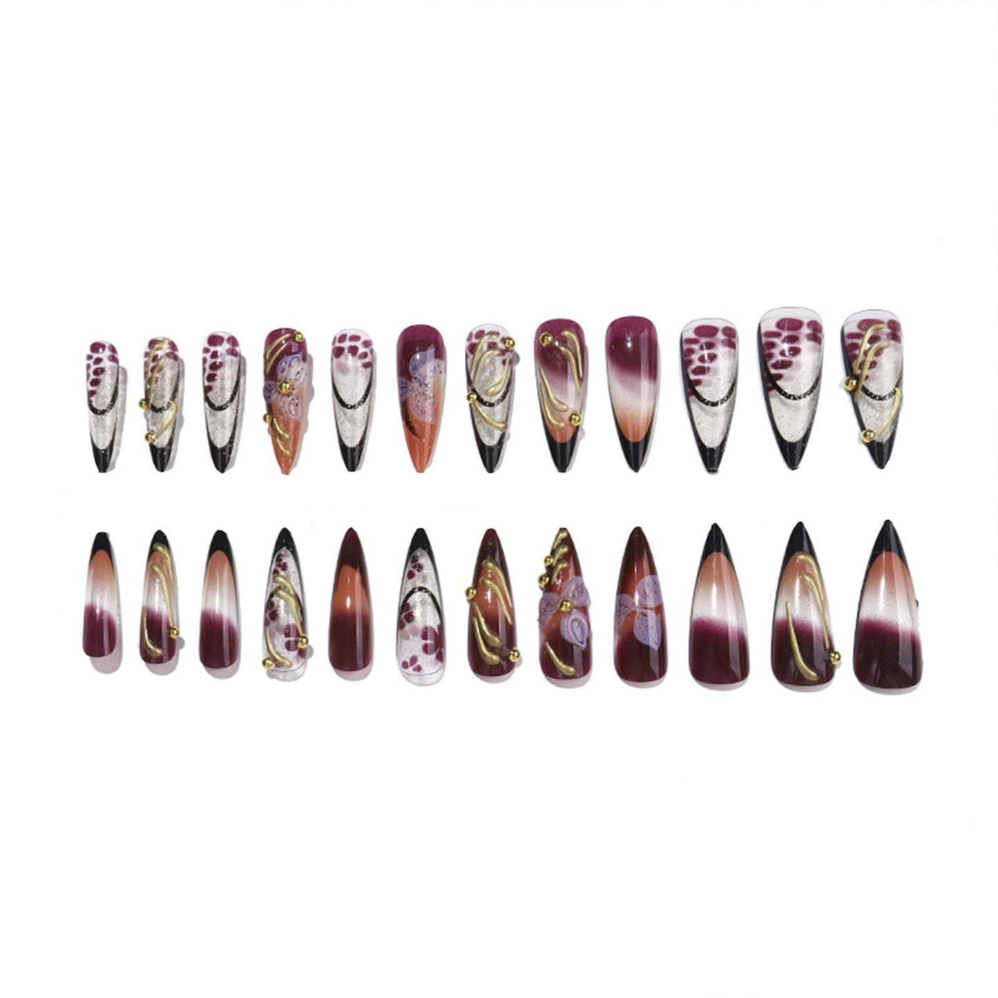 SINHOT Stiletto Press on Nails Long - Long Fake Nails, Glossy Finish, 3D Flowers & Gold Chrome, DIY Artificial False Nail Art - 24 Pcs Nail Kit with Glue