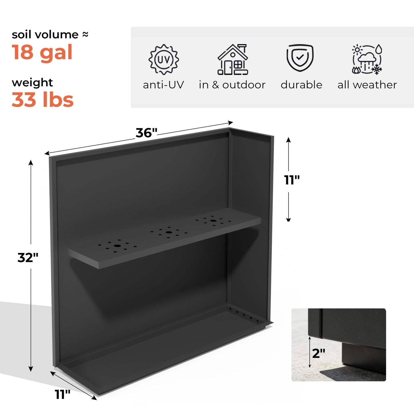 WORTH 36" Large Metal Planter Box, Outdoor Long Rectangular Tall Planter with Insert Shelf & Drainage Holes, Matte Black Standing Plants Box for Patio, Garden, Balcony, 36"Lx11"Wx32"H, Easy to Install