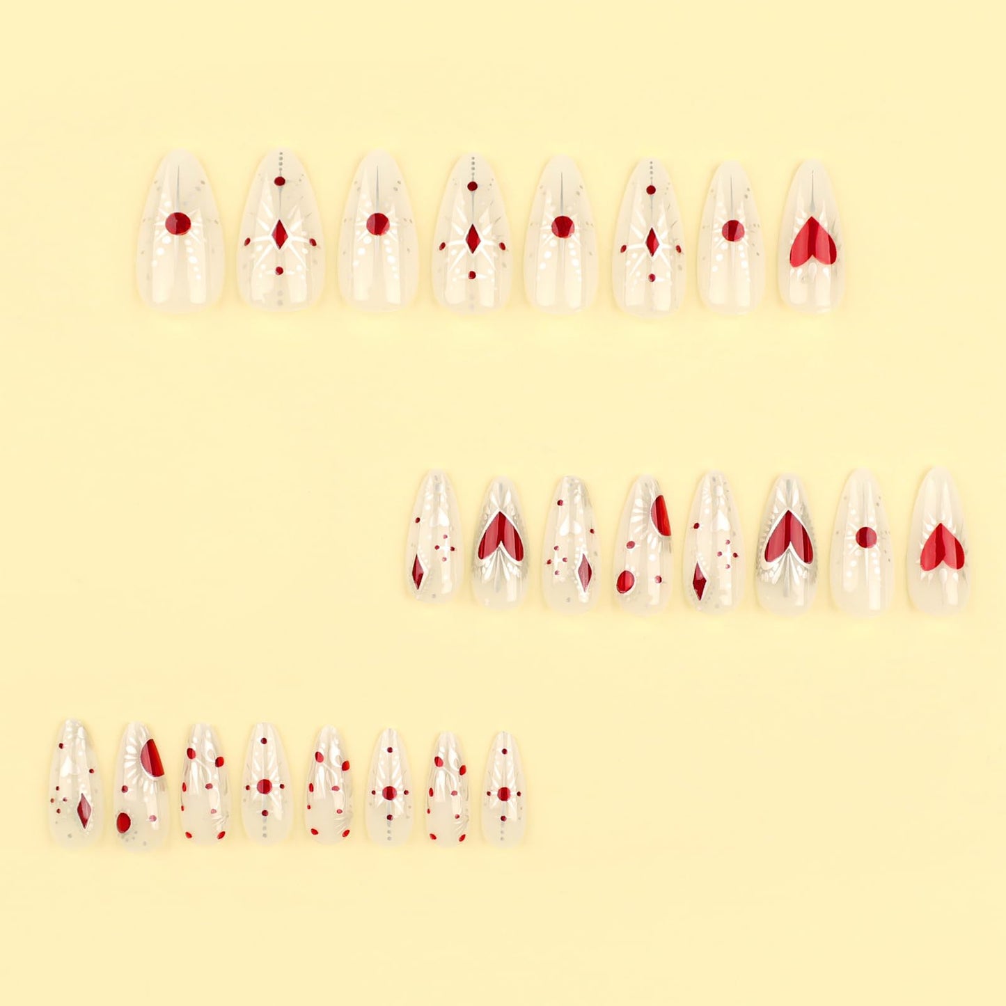 FJSMTOPl Valentines Day Press on Nails -Long Almond Fake Nails - Red Heart False Nails - with Design Gold Glue on Nail - Acrylic Stick on Nails Press ons - for Women Manicure 24Pcs
