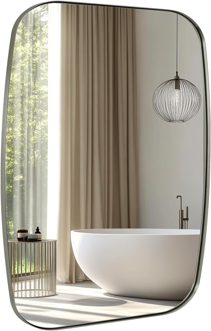 ANDY STAR Brushed Nickel Bathroom Mirror, 30x36’’ Oblong Mirror with Stainless Steel Metal Frame, Silver Oval Vanity Mirror for Over Sink, Modern Anti Rust Wall Mounted