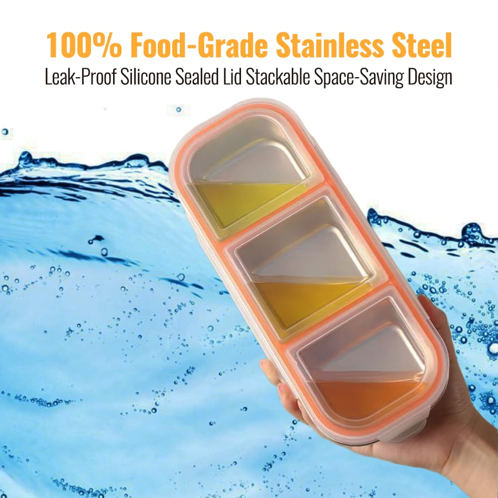 FLEXARO Set of 3 Pack Stainless Steel Snack Container,3 Compartment Bento Lunch Box with Leakproof Grey & Orange Lid,Reusable Metal Food Storage Container,Portable Snack Box for Work,1.5 lb Capacity
