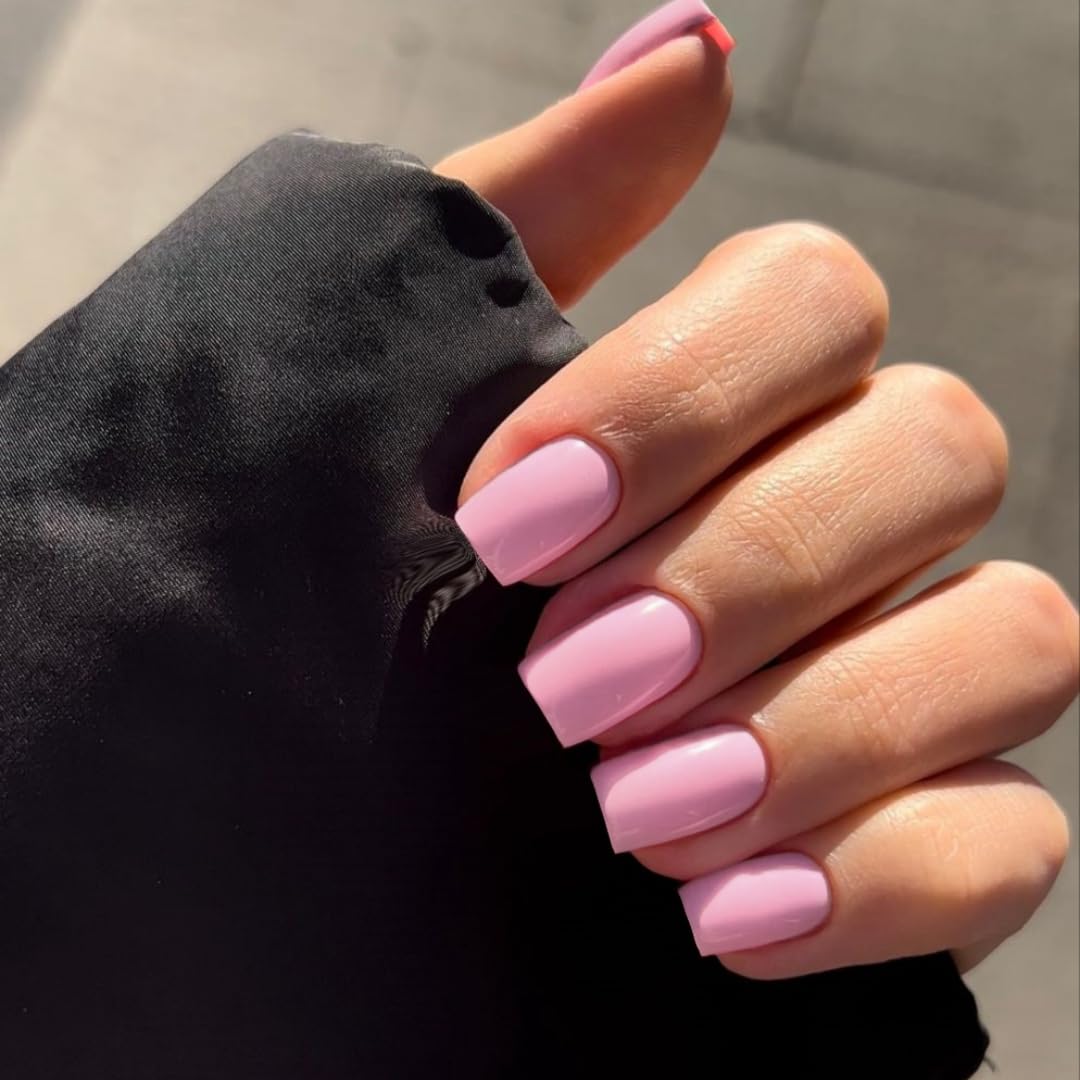 Pink Press on Nails Short Square, Fake Nails Glue on Short Square Nails Press ons, Soft Gel Glue on Nails Stick on Nails for Women Thick Reusable Solid Color Acrylic Nails 24pcs