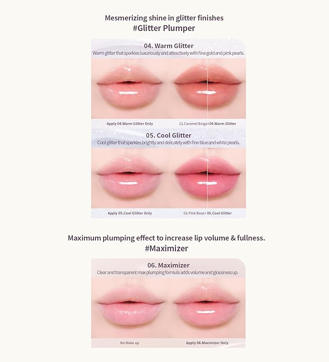 Heart Percent Dote On Mood Top Coating Lip Plumper, High-Shine Glossy Finish Blue & White Pearl Sparkles Lip Gloss 05. Cool Glitter