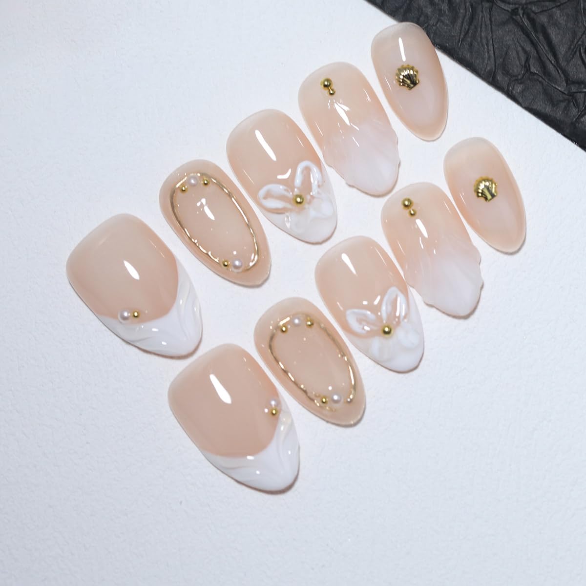 10 Pcs Short Almond Handmade Press On Nails | Nude French Tip with 3D Butterfly Floral Wave & Gold Pearl Shell Accents | Reusable, Easy to Apply & Remove, Salon-Quality Manicure (RR12, M)