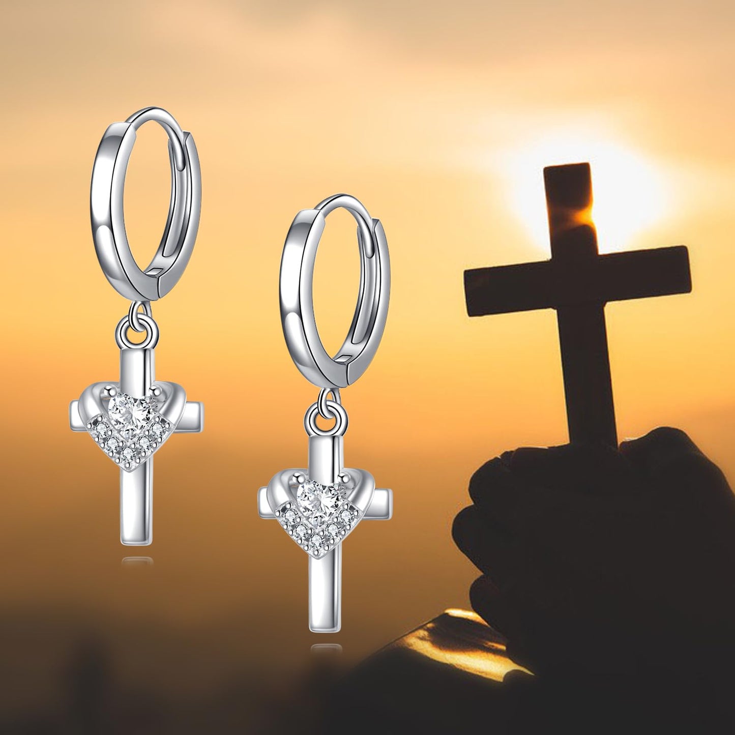 Hanging Cross Earrings Sterling Silver Diamond Heart Cross Dangle Drop Hoop Earrings Jewelry Gifts for Women