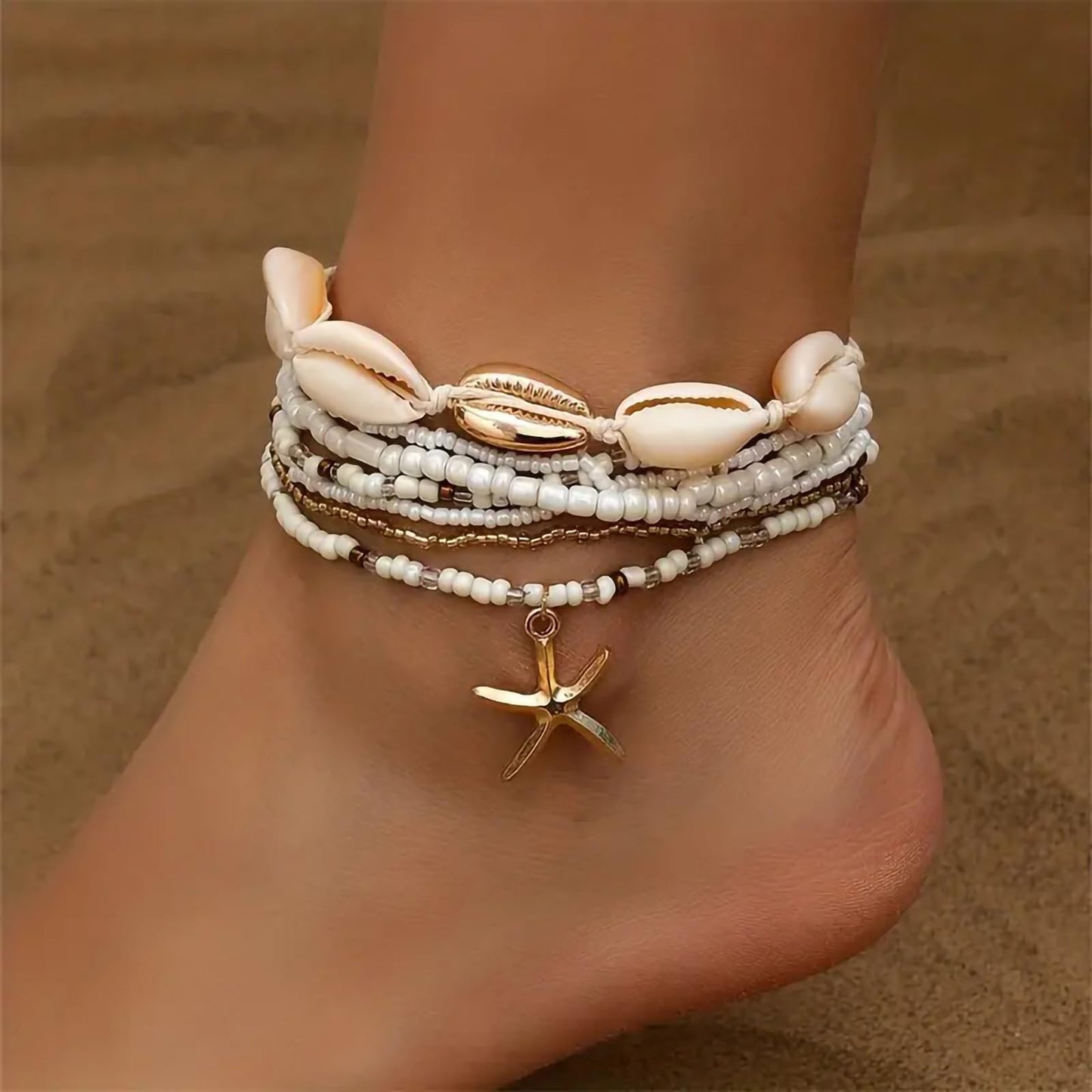 Qceasiy Shell Ankle Bracelet Set for Women, Gold Plated Boho Bead Adjustable Anklet, Hawaiian Beach Seashell Pearl Heart Starfish Conch Foot Jewelry Gifts (Starfish Shell 7Pcs)
