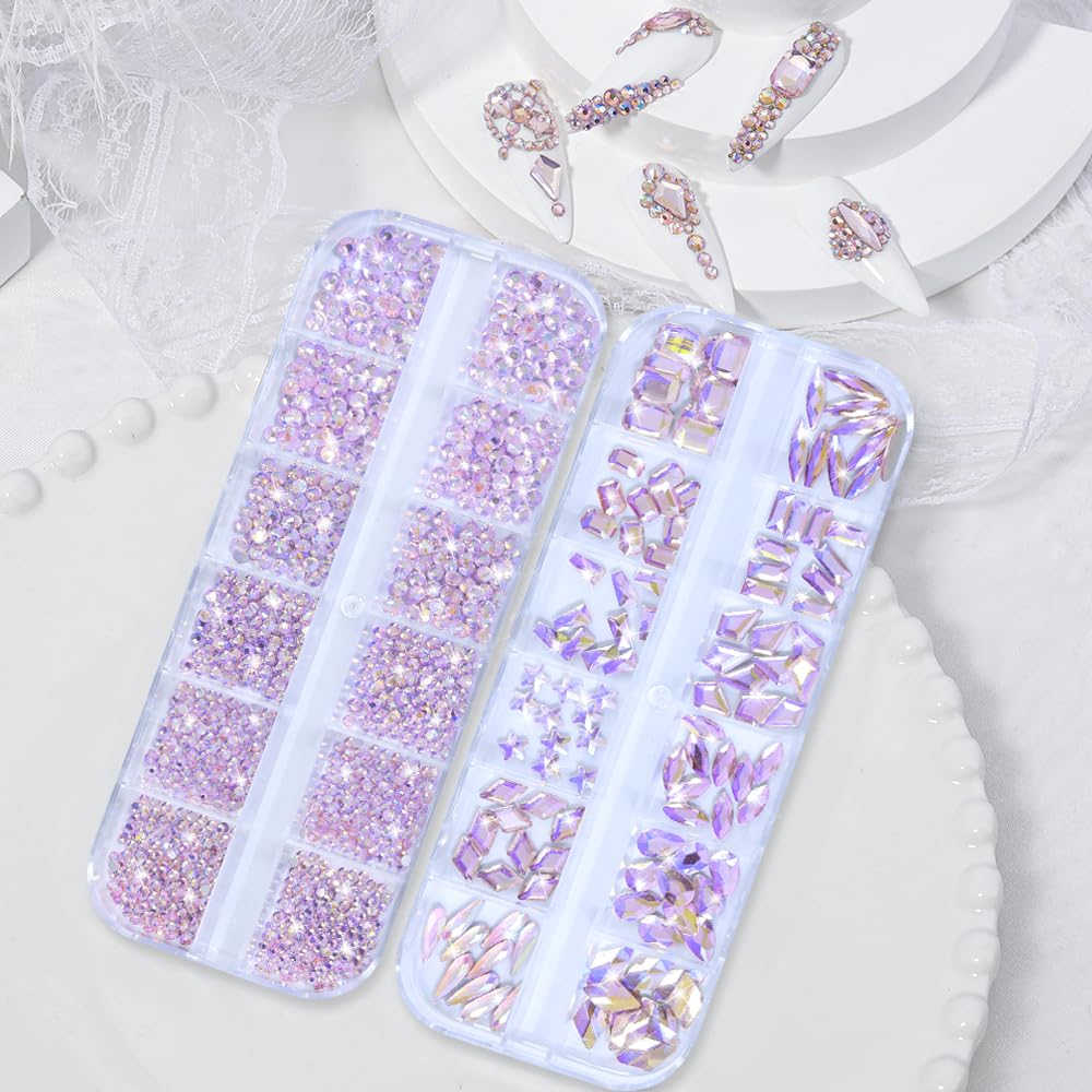 Nail Rhinestones - 3D Multi Shape Size, Crystal, Manicure Rhinestones Charms, Light Pink AB Nail Gems, Flat Back, with Kit, for Nail Art, DIY Decorations