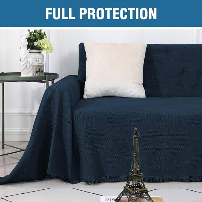 H.VERSAILTEX Cotton Sofa Covers Couch Cover Sofa Slipcover for Most Shape Sofas, Feature Thick Woven Jacquard Seamless with Tassels, Multi-Use Decorative for Couch (XX-Large: 91" x 134", Navy)