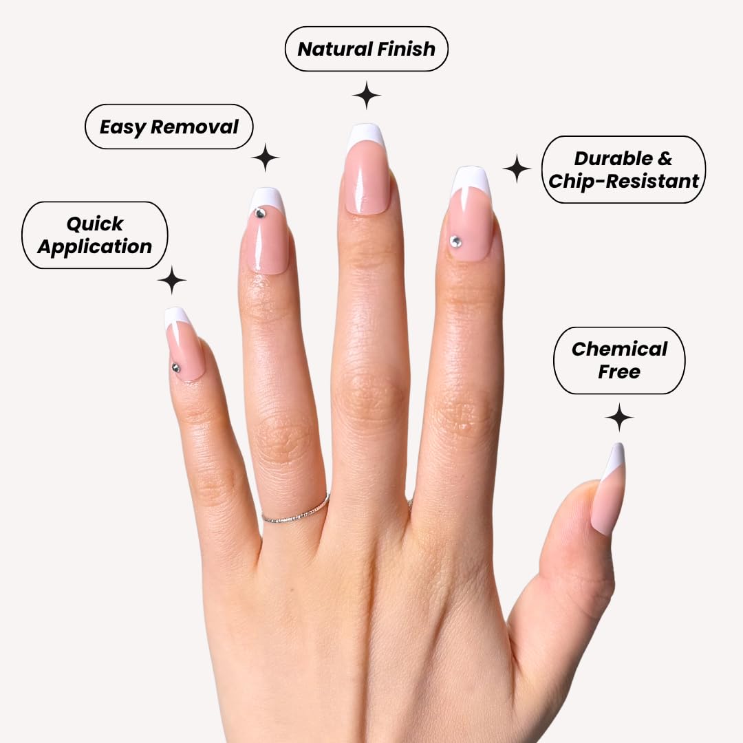 PerfectLook Press On Nails - Classic Diamond | No Glue Short Coffin Nude Nails with French Tips & Crystal Accents - 24 Pcs Nail Kit with Adhesive Tabs
