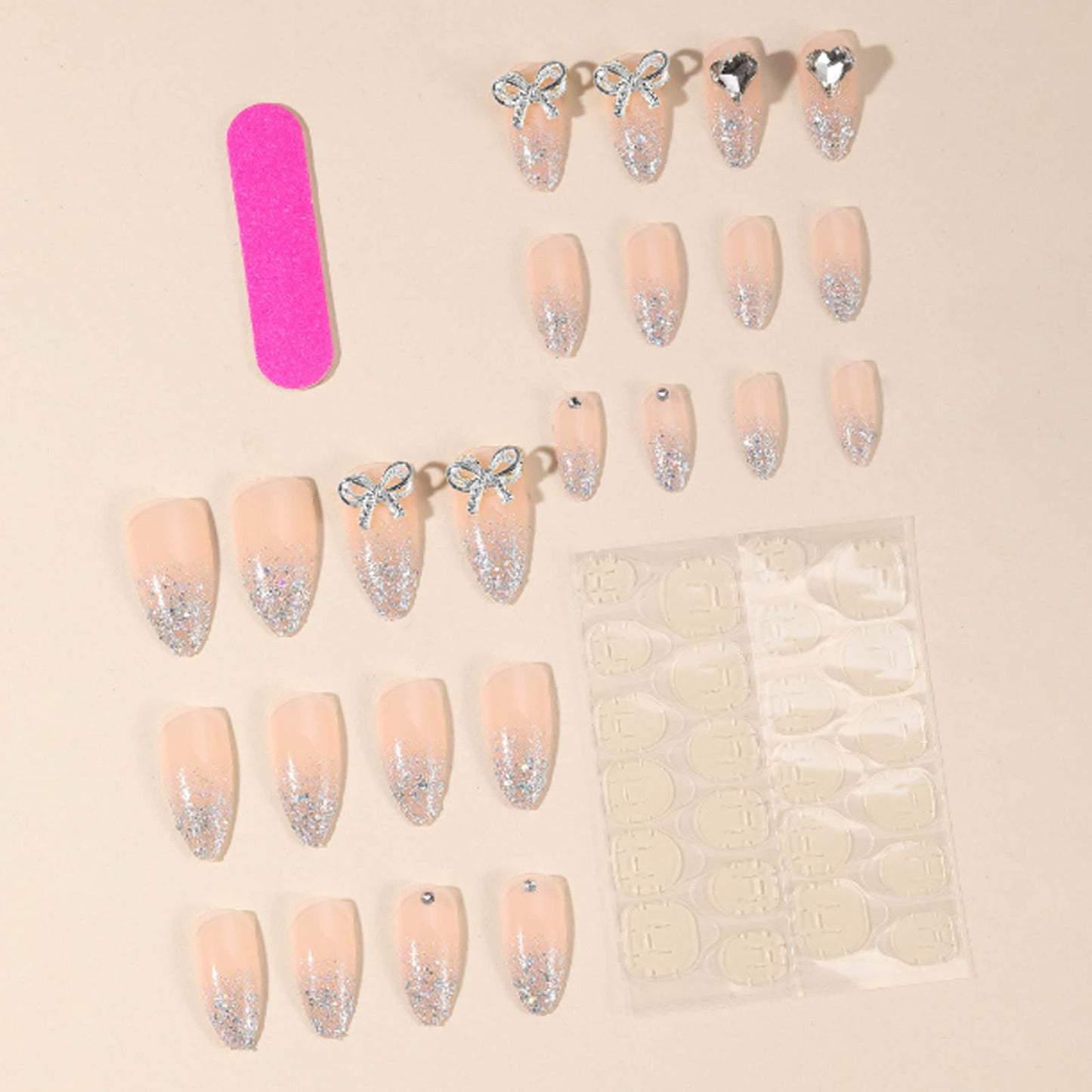 Kamize Gradient Fake Nails Nude Medium Press on Nails Full Cover Acrylic Sequins Almond Fake Nails for Women and Girls 24PCS