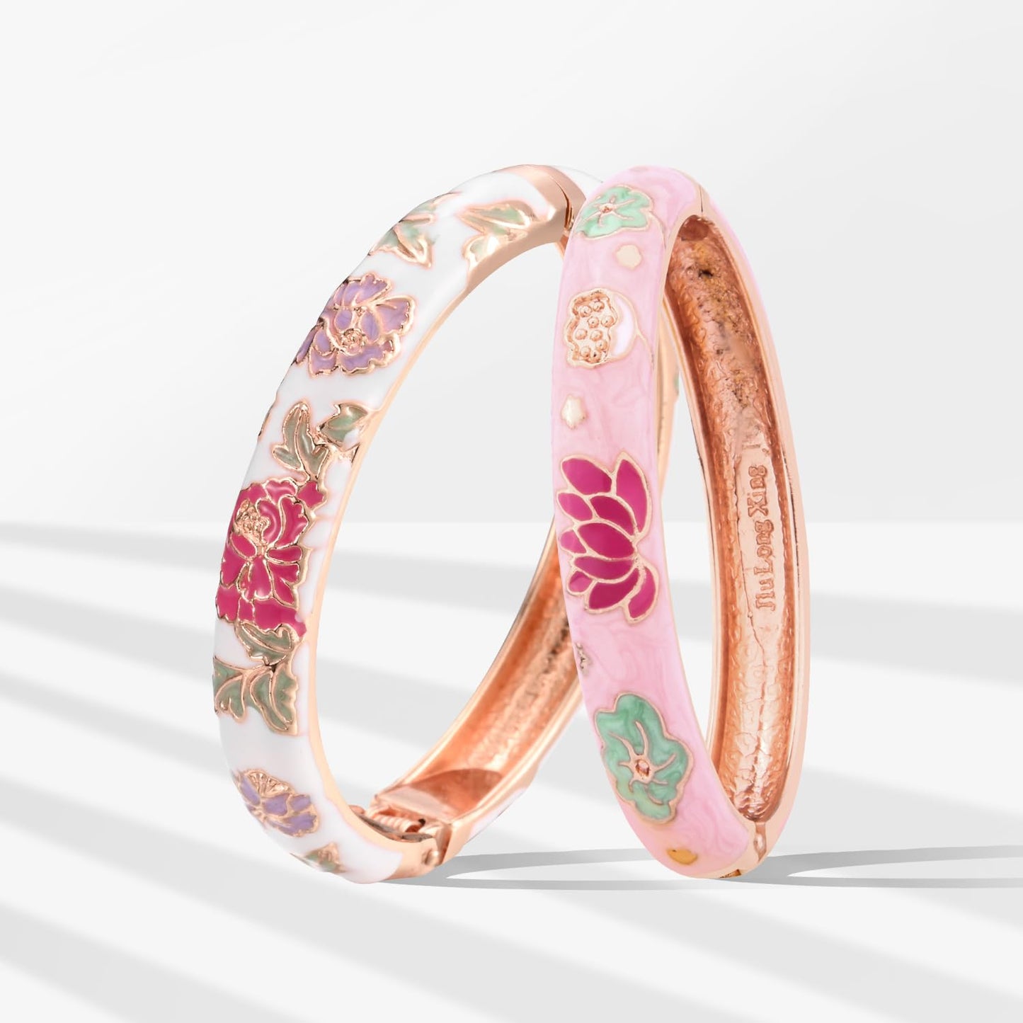 UJOY Vintage Cloisonne Bracelets Flower Enameled Jewelry Plated Cuff Bangle for Women Gift Box 55A35-55A113 Pink White