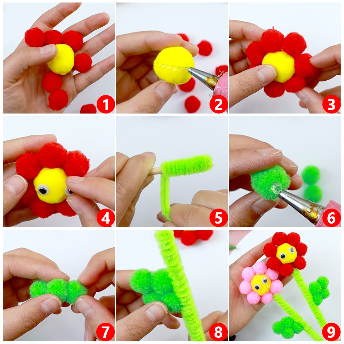Praisebank Pom Poms, 3600pcs 1cm, 3200 Small Pompom Balls for Arts & Crafts, Soft and Fluffy Craft Pompoms with 400 Wiggle Eyes.(Multi-Colored)