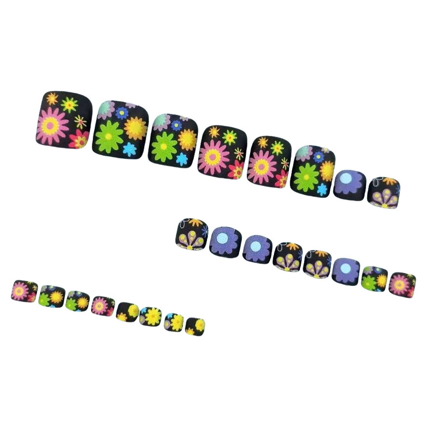 24 Pieces Summer Flower Press-On Toenails Short Square Black False Toenails Colorful Floral Pattern Cute Daisy Matte Black Acrylic Toenail Stickers Women's Nail Art