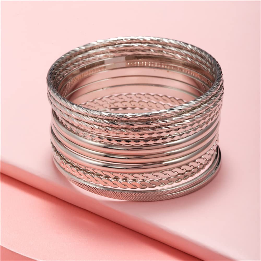 RINTOLER 12Pcs Silver Bangle Bracelets for Women, Vintage Ethnic Bracelets, Bollywood India Bangles, Stacked Bracelets for Women Bohemian Jewelry