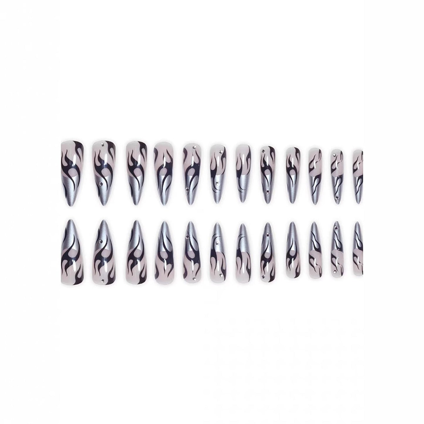 RUOKEXIN Long Stiletto Press on Nails French Tip Fake Nails Silver False Nails with Designs Almond Nail Press ons Sparkly Artificial Nails for Women 24Pcs