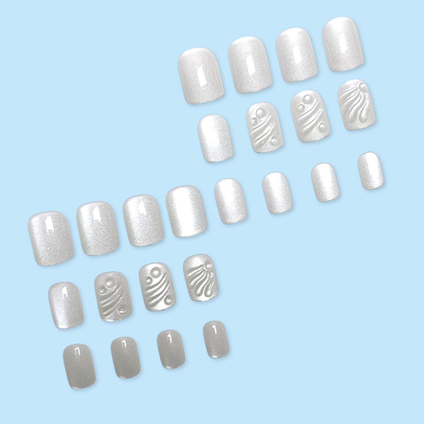 Cat Eye Press on Nails Short Square Fake Nails with 3D Lines Water Drop Designs Nails Press ons Silver Glue on Nails Glossy Acrylic Nails Natural Artificial Nails Simple Stick on Nails for Women 24Pcs