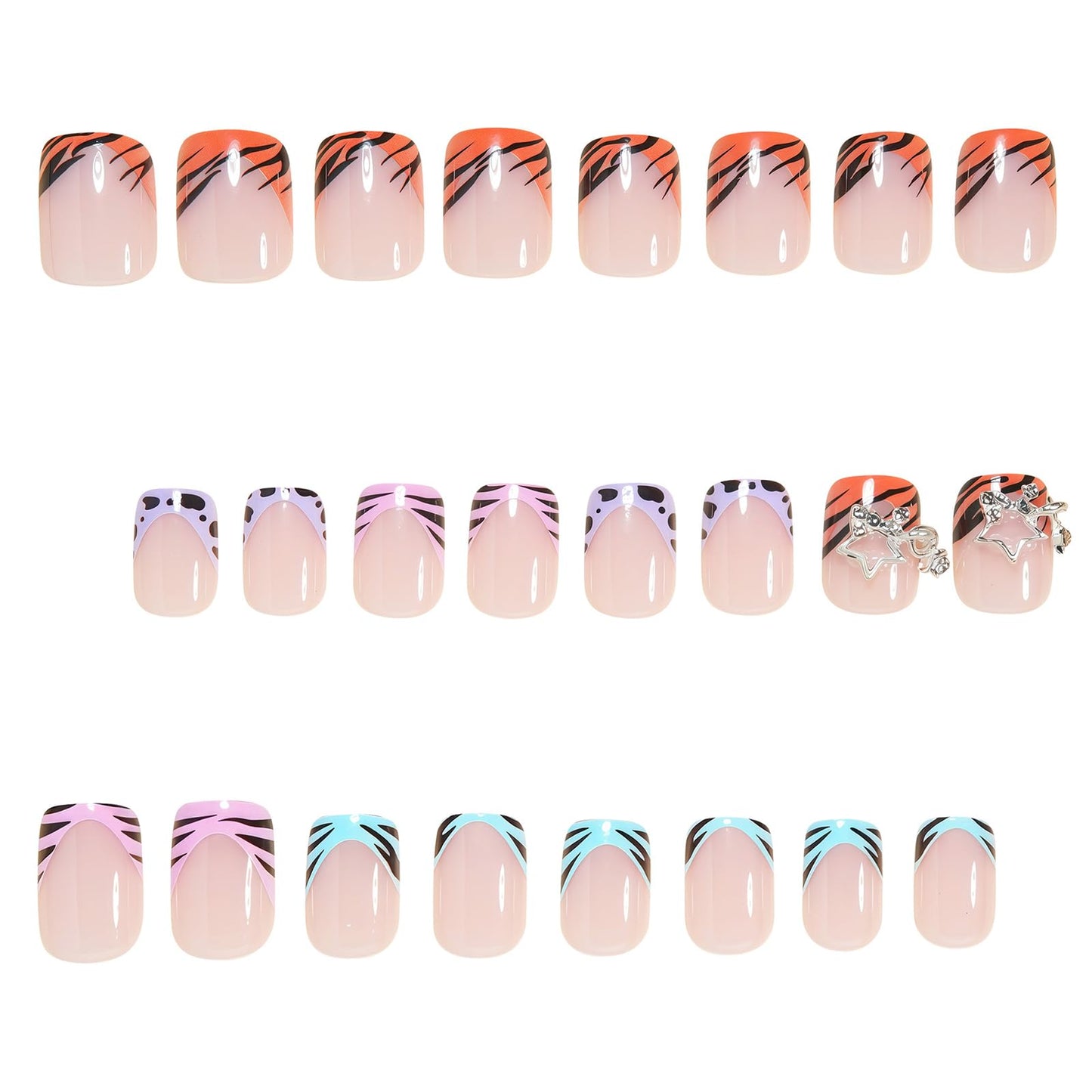 MISUD Press on Nails - Short Square Fake Nails with Summer Colorful French Tip, Acrylic Animal Print Design 24 pcs