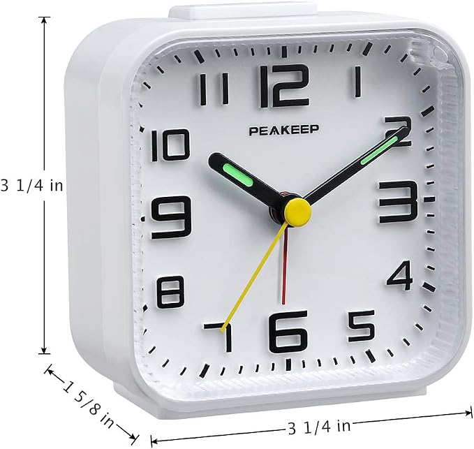Peakeep 3D Numbers No Tick-Tock Analog Alarm Clock Classic Beep Sound | Snooze, Manual Light and Battery Powered Small for Travel (White-3D)