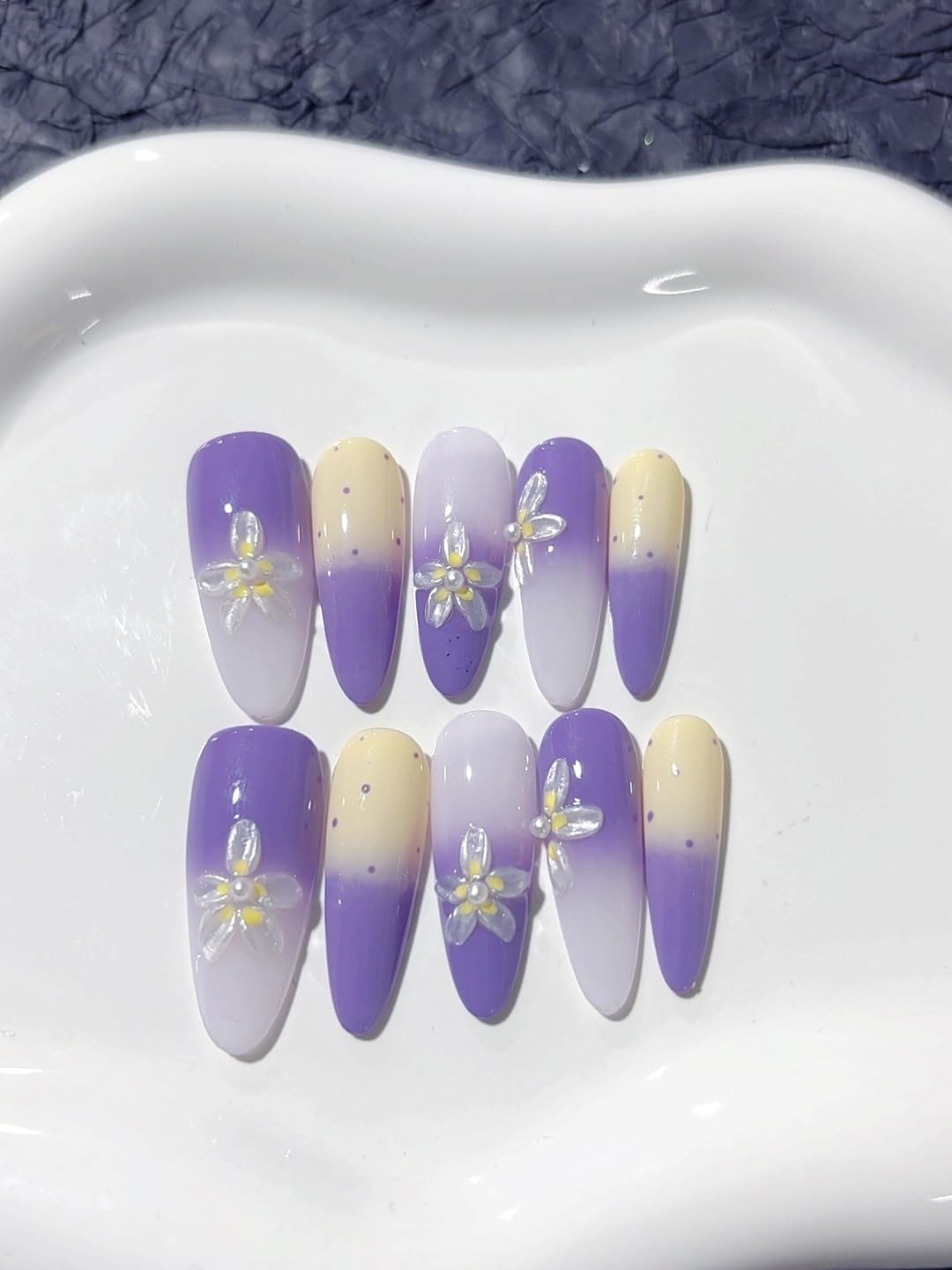 Vseegrs Purple Handmade Press on NailsStiletto Long Artificial False Nails with Designs Embossed Flowers Acrylic Nail Press ons Polka Dot Press on Nail Kit for Women 10pcs (L)