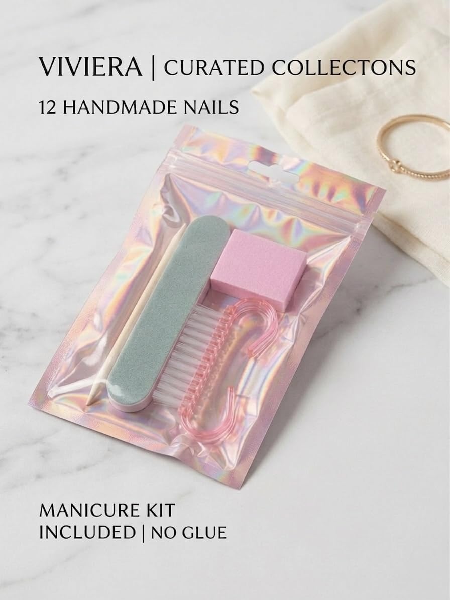 Viviera Press-On Nails, Nude with French Tip, Almond Shape, Handmade, 12 Count, with Manicure Kit