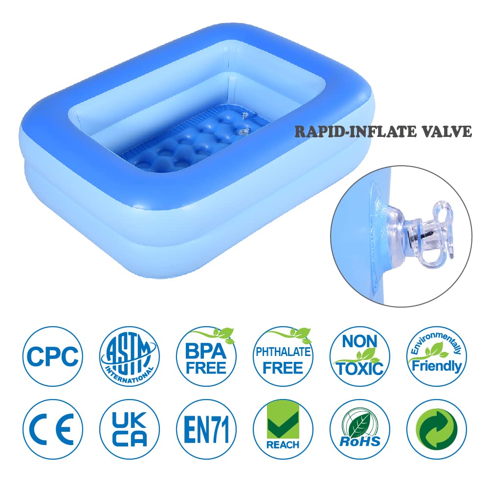 HIWENA Inflatable Kiddie Pool, 45" x 35" X 14" Blue Kids Swimming Pool Summer Water Fun Bathtub with Inflatable Soft Floor