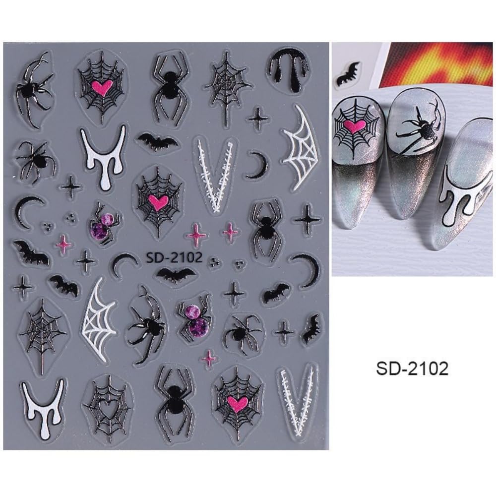 Halloween Nail Stickers Ghost Skeleton Nail Art Stickers 3D Self-Adhesive Butterfly Bow Nail Designs 5D Embossed Coffin Pumpkin Nails Supplies for Women Holiday DIY Manicure 5 Sheets