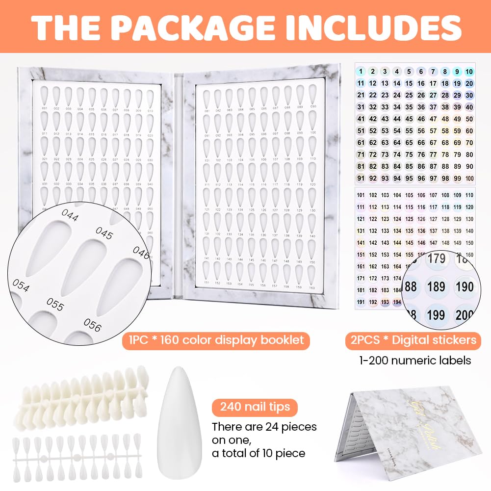 Rivonthex 160 Nail Color Display Book with 240 Nail Tips & Number Stickers (1-200) - Professional Color Swatches Book Display Chart