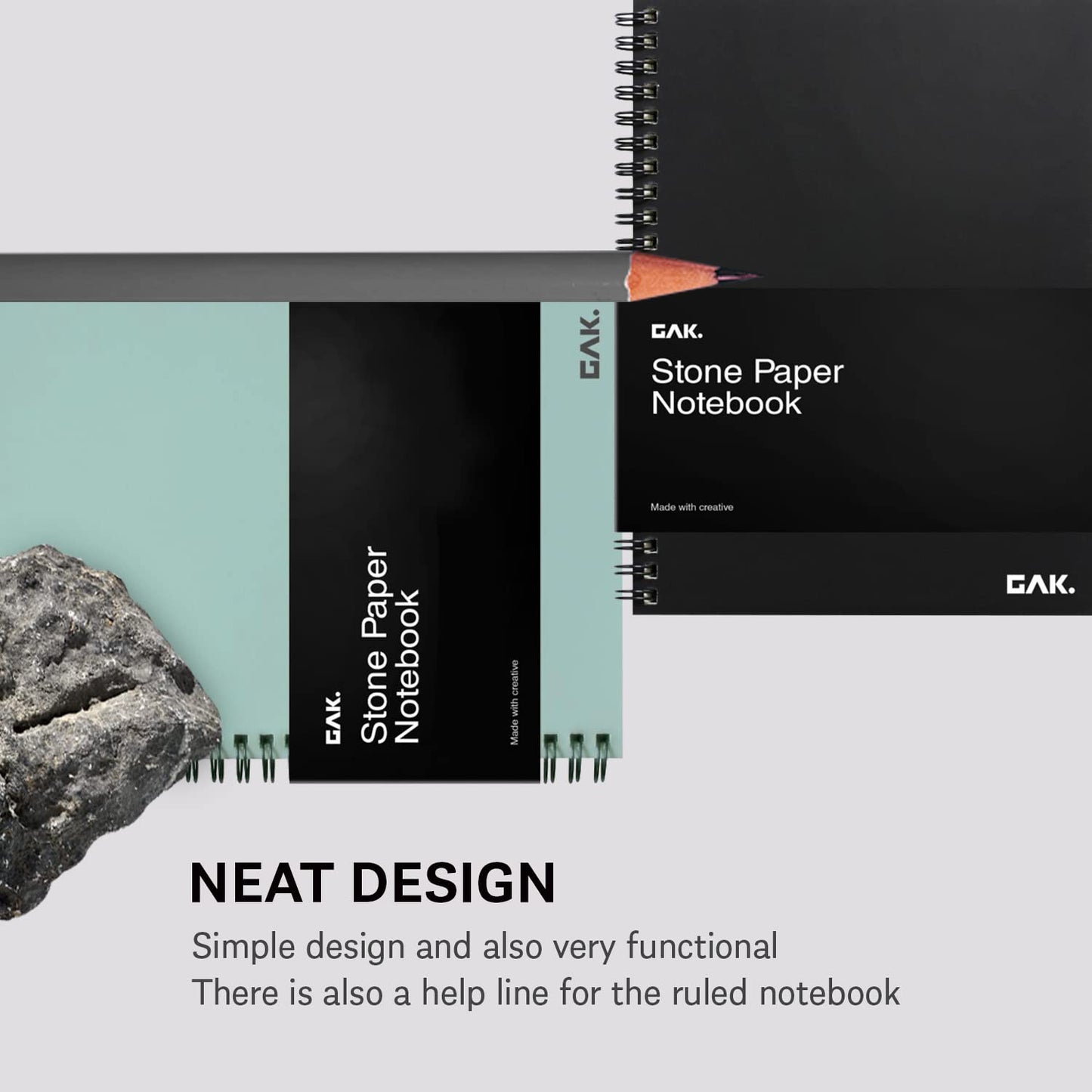 GAK. Stone Paper Notebook | No Lines Spiral Notebook Waterproof Sheet Aesthetic Journal for Note Taking | Notebooks for Work & Aesthetic School Supplies | Large Size, White (7.2”x10.1”, 50 sheets)