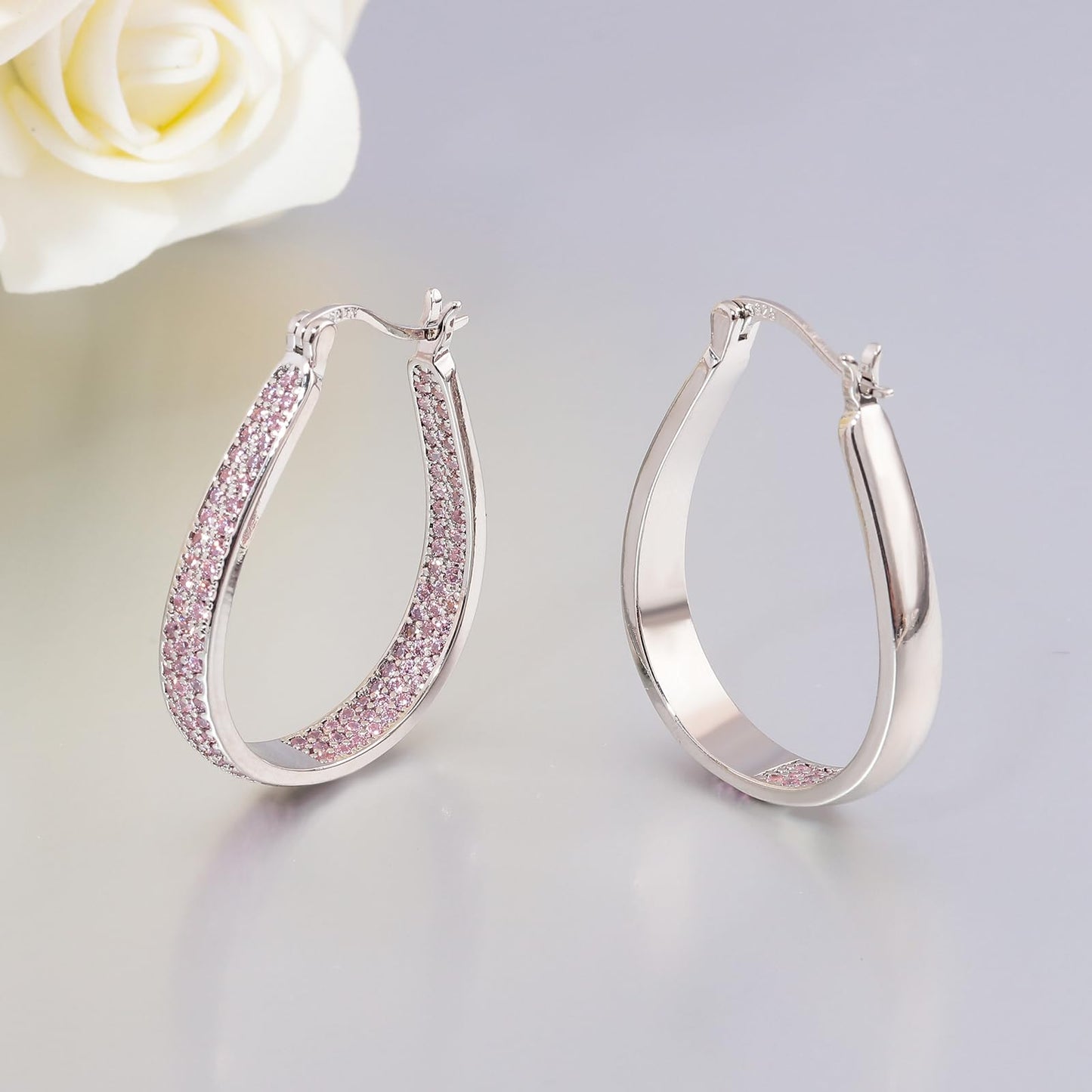 CiNily 925 Sterling Silver Post Oval Hoop Earrings for Women Light Pink Cubic Zirconia Hoop Earring Large Chunky Hoop Earrings 14K White Gold Plated Gemstone Earrings