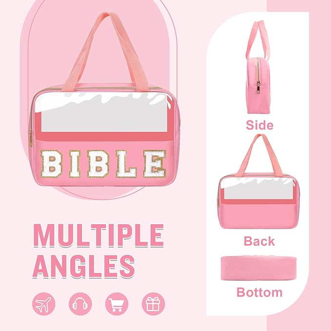 Chenille Letter Bible Bag Cover Case for Women,Preppy Bible Study Supplies Church Bag Purse Bible Accessories with Handle Zipper,Waterpoof Travel Makeup Bag Christmas Christian Gifts(BIBLE-Pink)