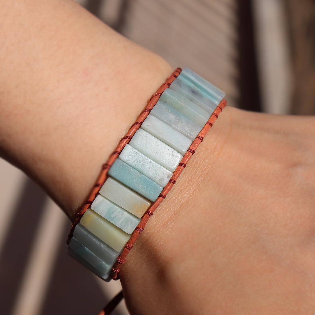 NUZUJX Boho Handmade Natural Stone Amazonite Tube Bead Wrap Wrist Statement Bracelet Jewelry Collection