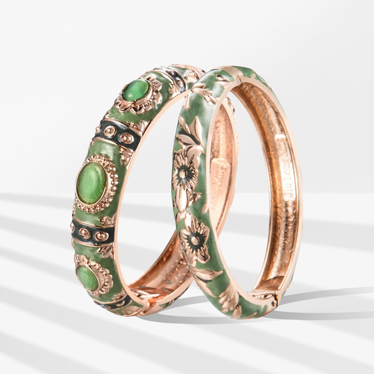 UJOY Vintage Cloisonne Jewelry Bracelet Gold Plated Handmade Bead Rhinestones Enamel Spring Cuff Bangles 2 Pcs Set for Womens Gift 7735-55A103 green