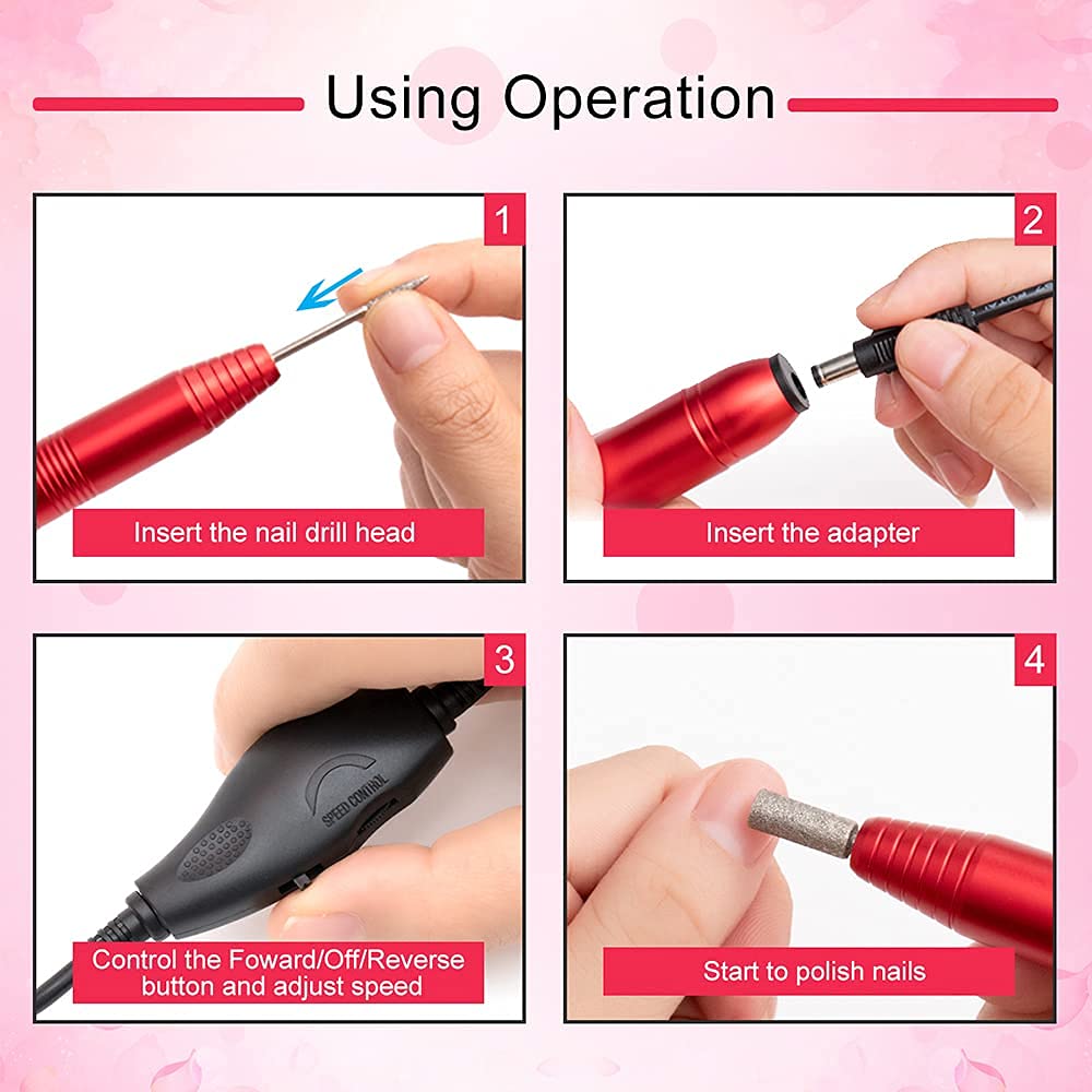 20000 RPM Electric Nail File Kit Portable Nail Drill Machine Professional Manicure Pedicure Kit with Sanding Bands,Nail Drill Bits and Brush for Acrylic Gel Nails-Red