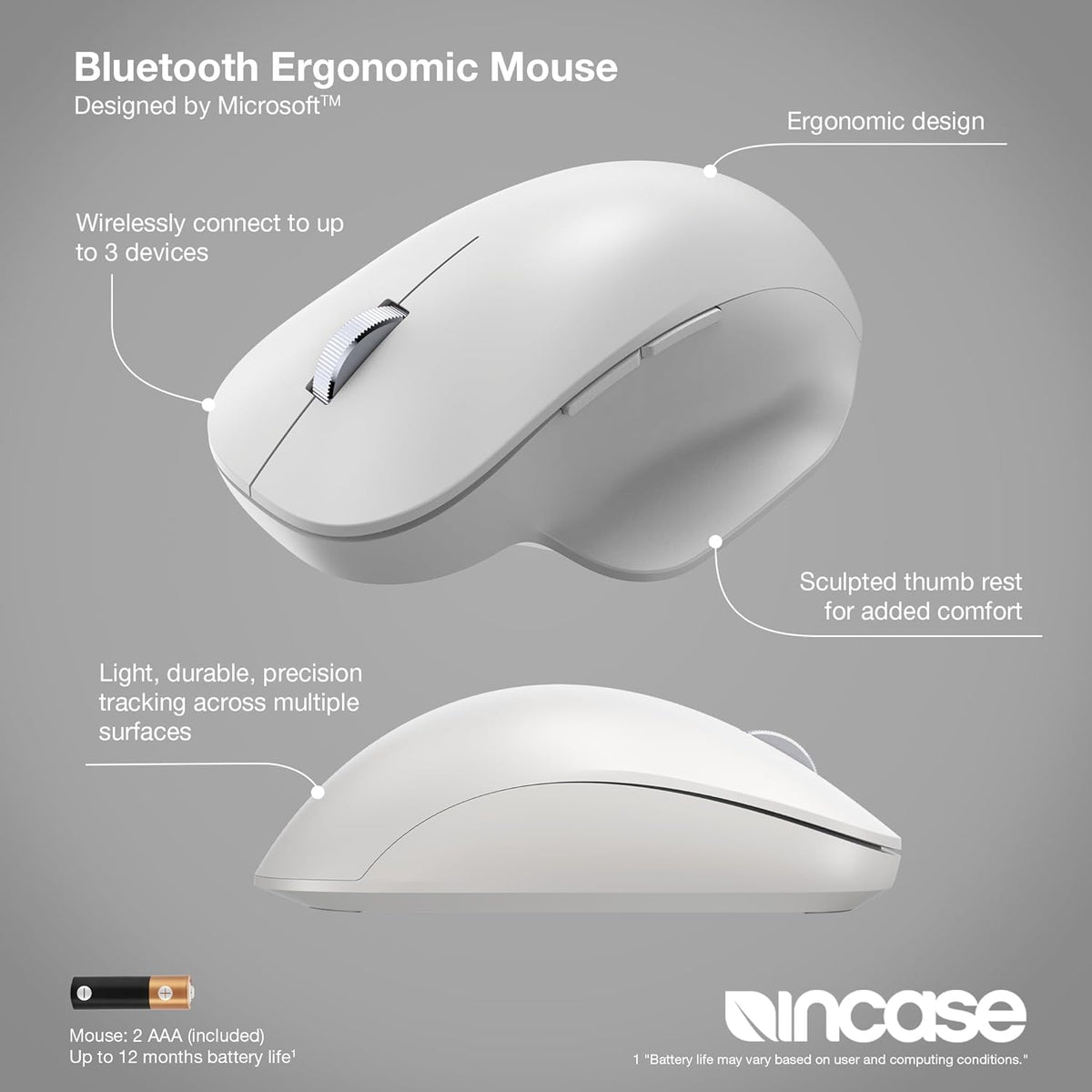 Incase Bluetooth Ergonomic Mouse – Designed by Microsoft – Two Thumb Buttons, Easy to Grip Thumb Rest, Precision Tracking, Connects 3 Devices, 15 Month Battery Life, PCs/Laptops (Glacier)