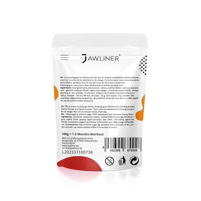 Jawliner® - Pioneers the Toughest Handmade 15x Harder Jawline Gum Includes 12 Weeks Coaching - Sugar-Free Cinnamon Honey Gum - Jawline Exerciser for Mewing & Shaping the Jaw (2 Months Pack)