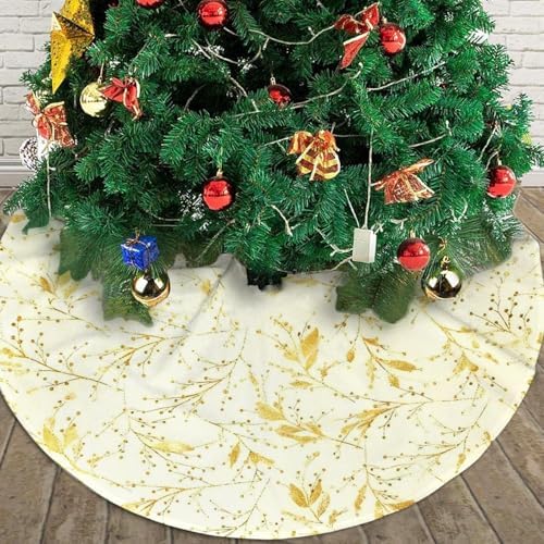 Yellow Leaves Branches Flowers Christmas Tree Skirts 30", Xmas Tree Cloth Mats Trees Skirts for Decor Gift, Home Decoration