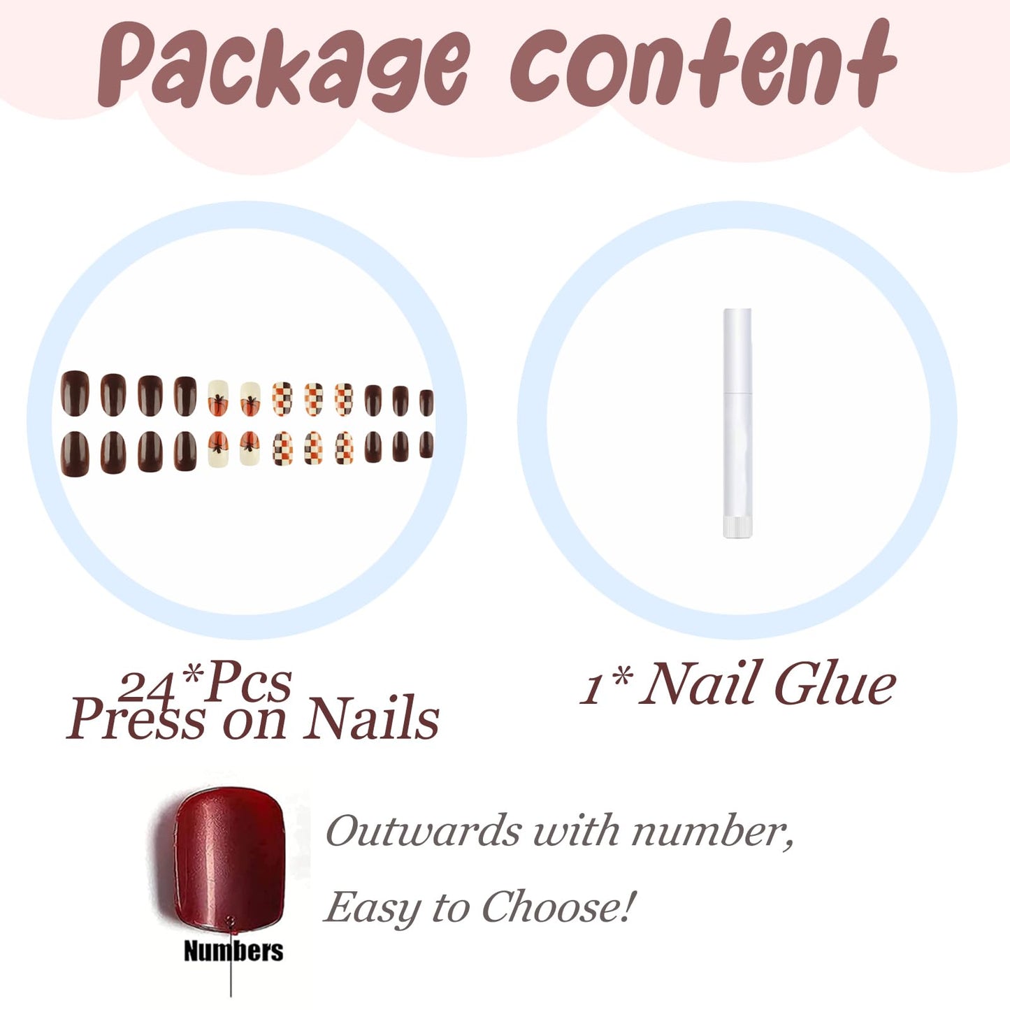 BABALAL Brown Fall Press on False Nails Medium Oval Fake Nails Pumpkin Design Thanksgiving Day Autumn 24Pcs Gloosy Round Full Cover Stick on Acrylic Gel Nails