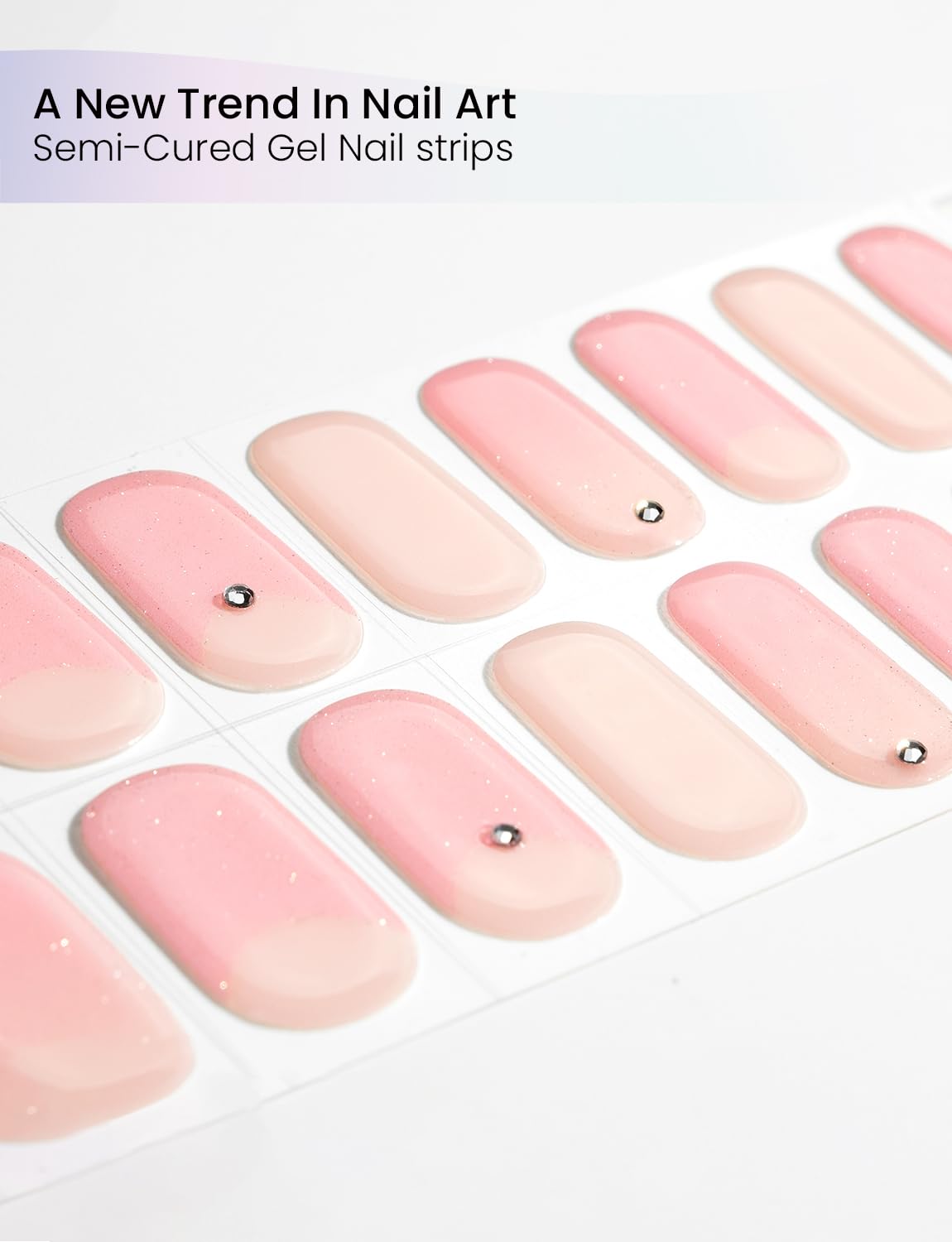 Oauee Semi Cured Gel Nail Strips | Built-In Gel Top Coat | UV Light Required | Salon Quality, Easy Application And Removal (Blush Glitter Crescent）