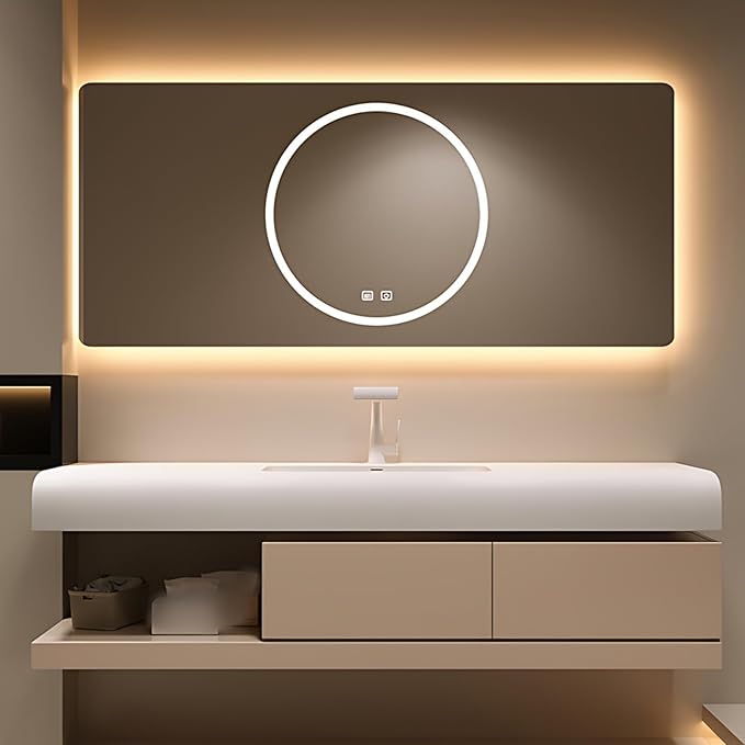 52IN Bathroom Vanity with Sink - Bathroom Cabinet Set has 2 Drawers & Overflow Hole Wall Mounted | LED Practical Defogging Mirror, Open Compartments, Seamless Rock Slab Basin (Khaki)