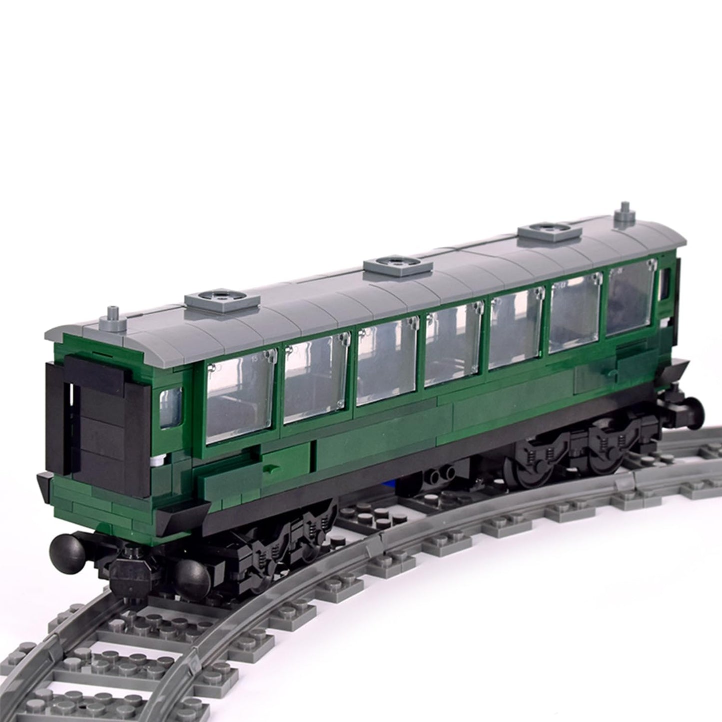 MXIZYDAOY Train Building Block Carriage Kit, Green Passenger Coach Model, Plastic Railway Car with Architecture Theme, Compatible Building Set for Kids 6+