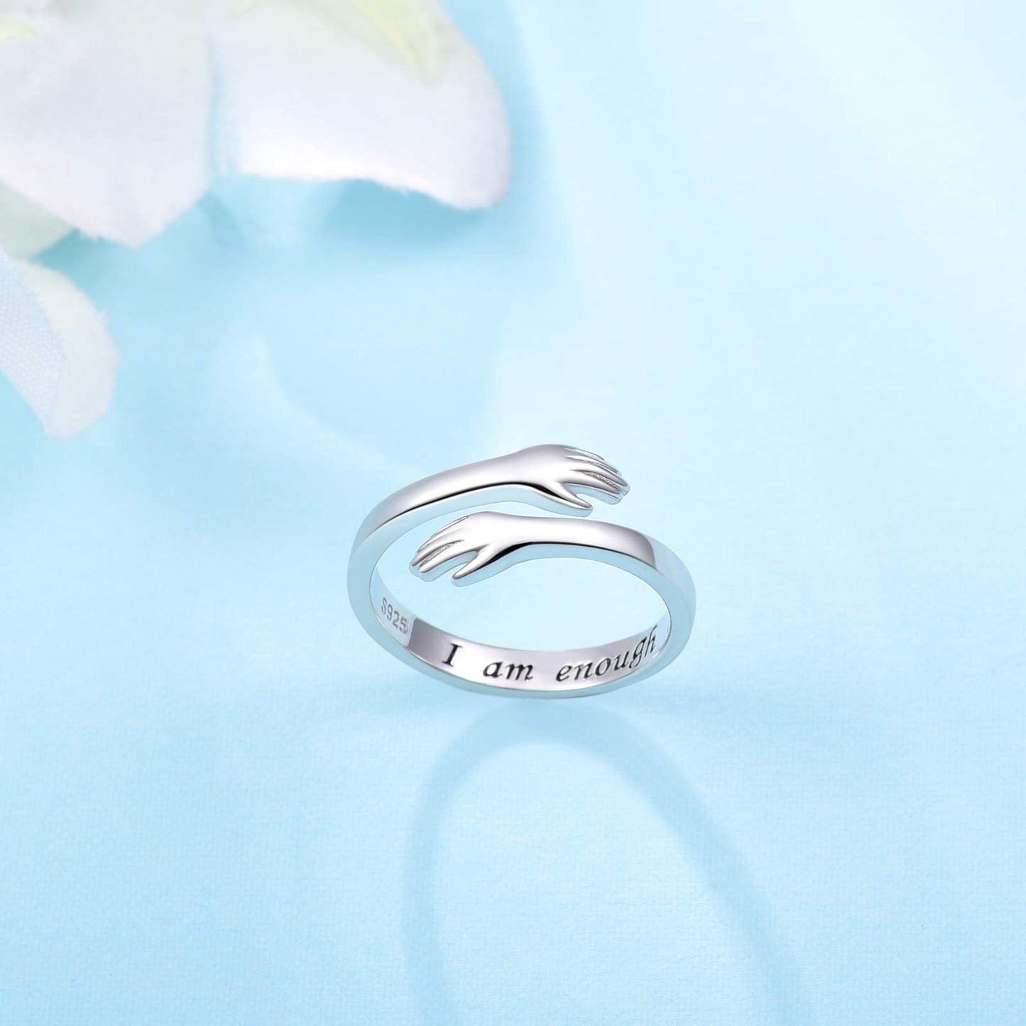 ACJFA Hug Ring 925 Sterling Silver Hugging Hands Adjustable Rings I am Enough Ring Motivational Friend Inspirational Jewelry Encouragement Gift for Women
