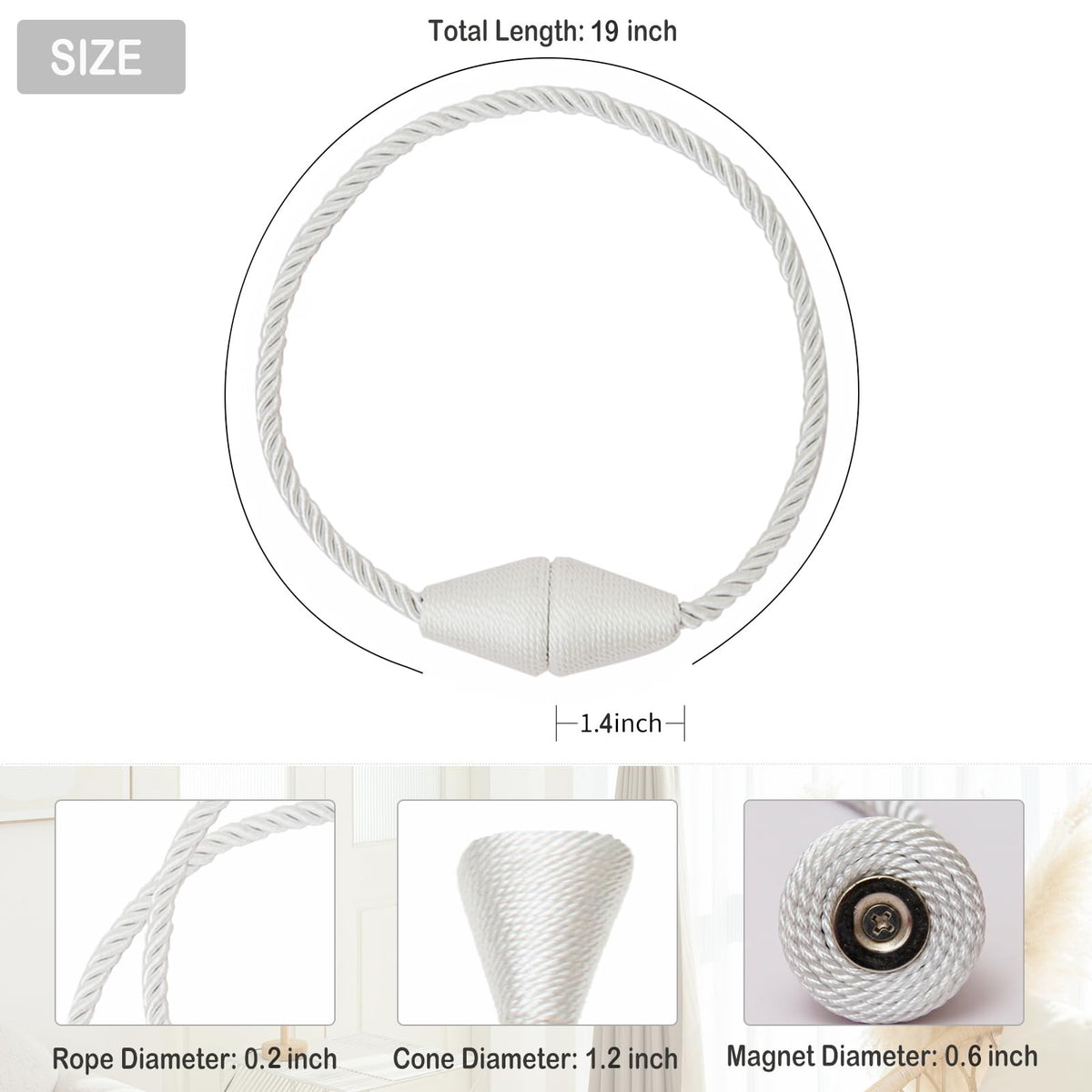 Magnetic Curtain Tiebacks 2 Pack Outdoor Rope Curtain Tie Backs Decorative Window Treatment Holdbacks for Home Decorative Curtain (2 Count)