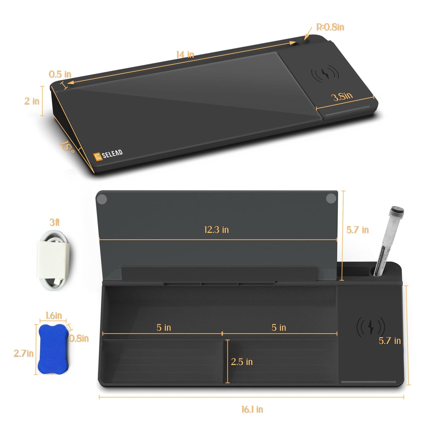 SELEAD Desktop Glass Whiteboard with Wireless Charger Station, Dry Erase Board Computer Pad Keyboard Stand with Organizer for Home, School, Office Desk Accessories, Black