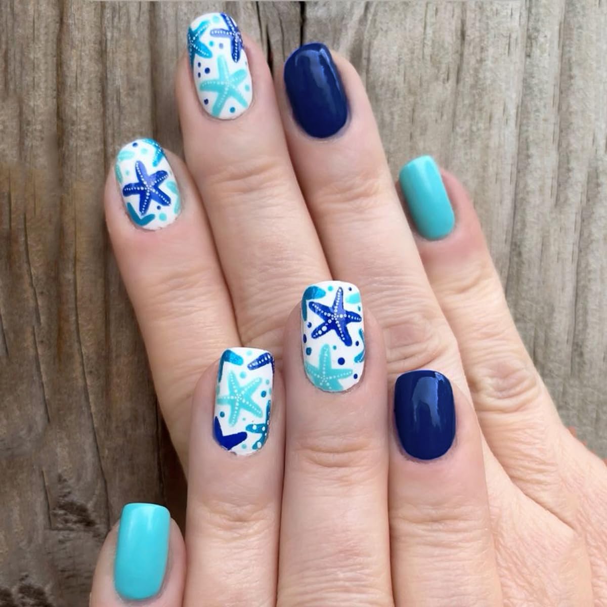 Blue Press on Nails Short Square Fake Nails Summer Nails Press ons with Starfish Design,Beach Full Cover Stick on Nails for Women Manicure,Artificial | Reusable | Easy Apply | 24Pcs