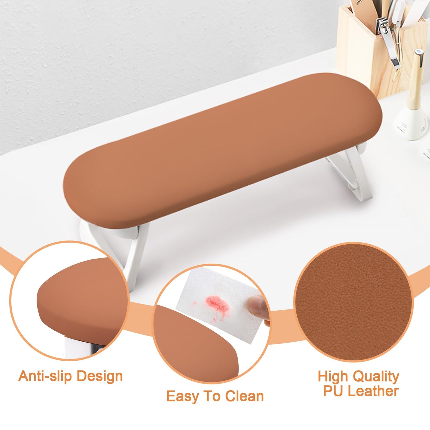 Subay Arm Rest for Nails Tech, Foldable PU Leather Nail Hand Rest for Hand Holder, Arm Rest Pillow Stand with Nail Art Table Mat for Manicure, Nail Art Accessories Tool for Salon Home Use - Caramel