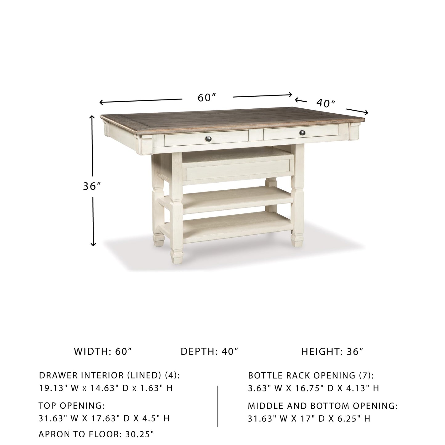Signature Design by Ashley Bolanburg Rectangular Counter Dining Room Table, 4 Drawers, Seats 6, Storage Rack, Wood, 60" W x 40" D x 36" H, White & Brown
